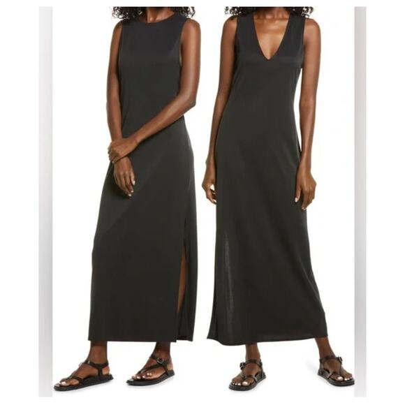 Open Edit Maxi Reversible Tank Dress, Women’s XS Black Modal, Side Slits Capsule - Picture 1 of 13
